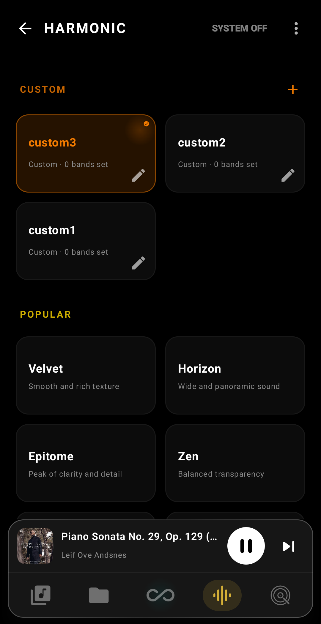 Custom Harmonic profile editor — all nine bands tuned
