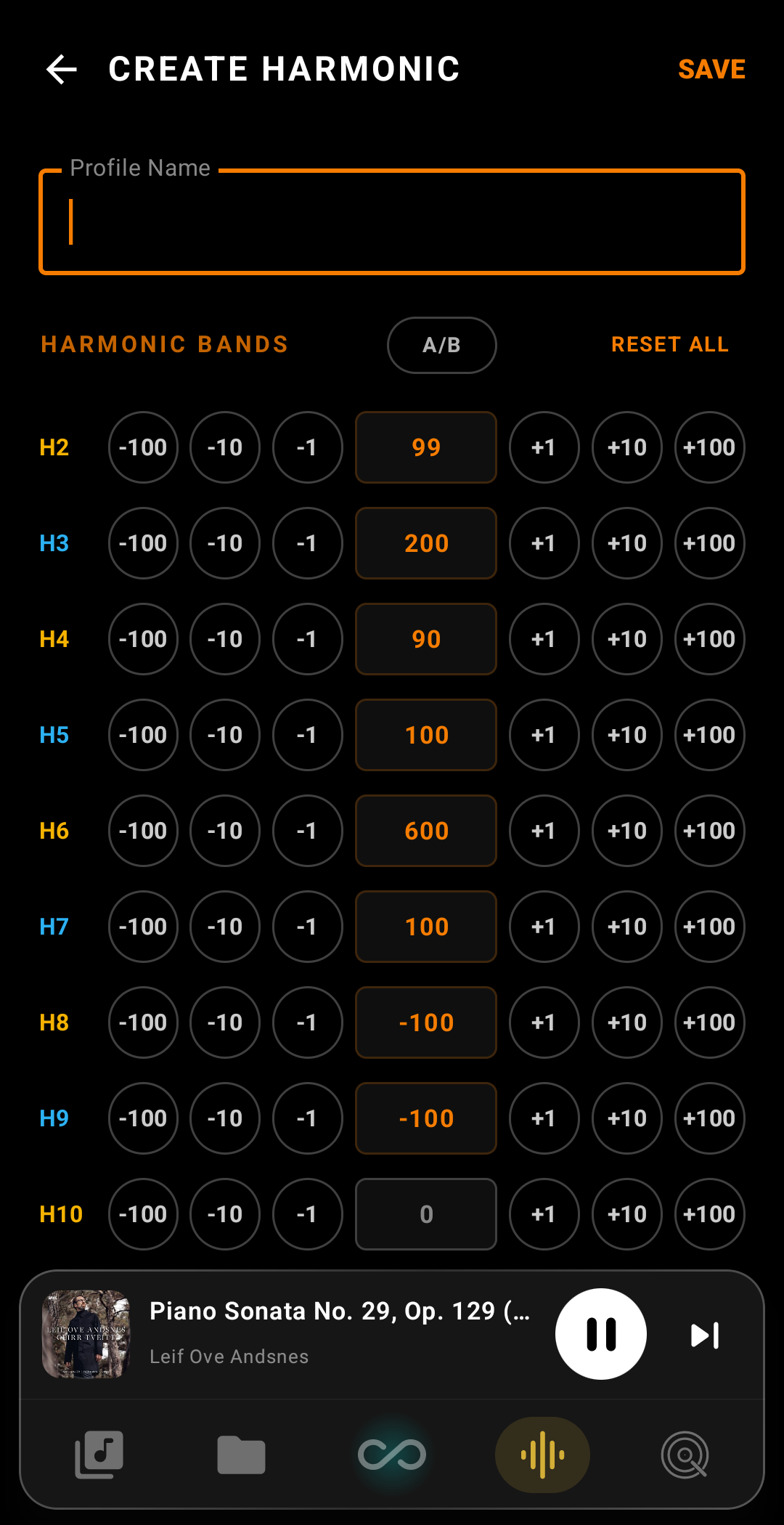 Custom Harmonic A/B mode — flat OFF reference